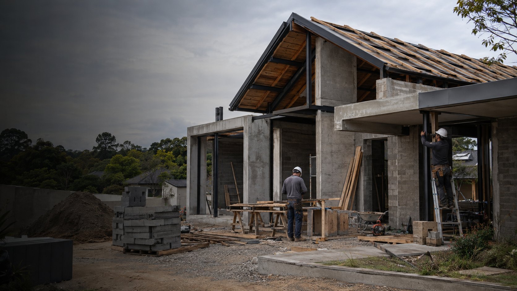 Construção de casa em Araucária com equipe no canteiro
